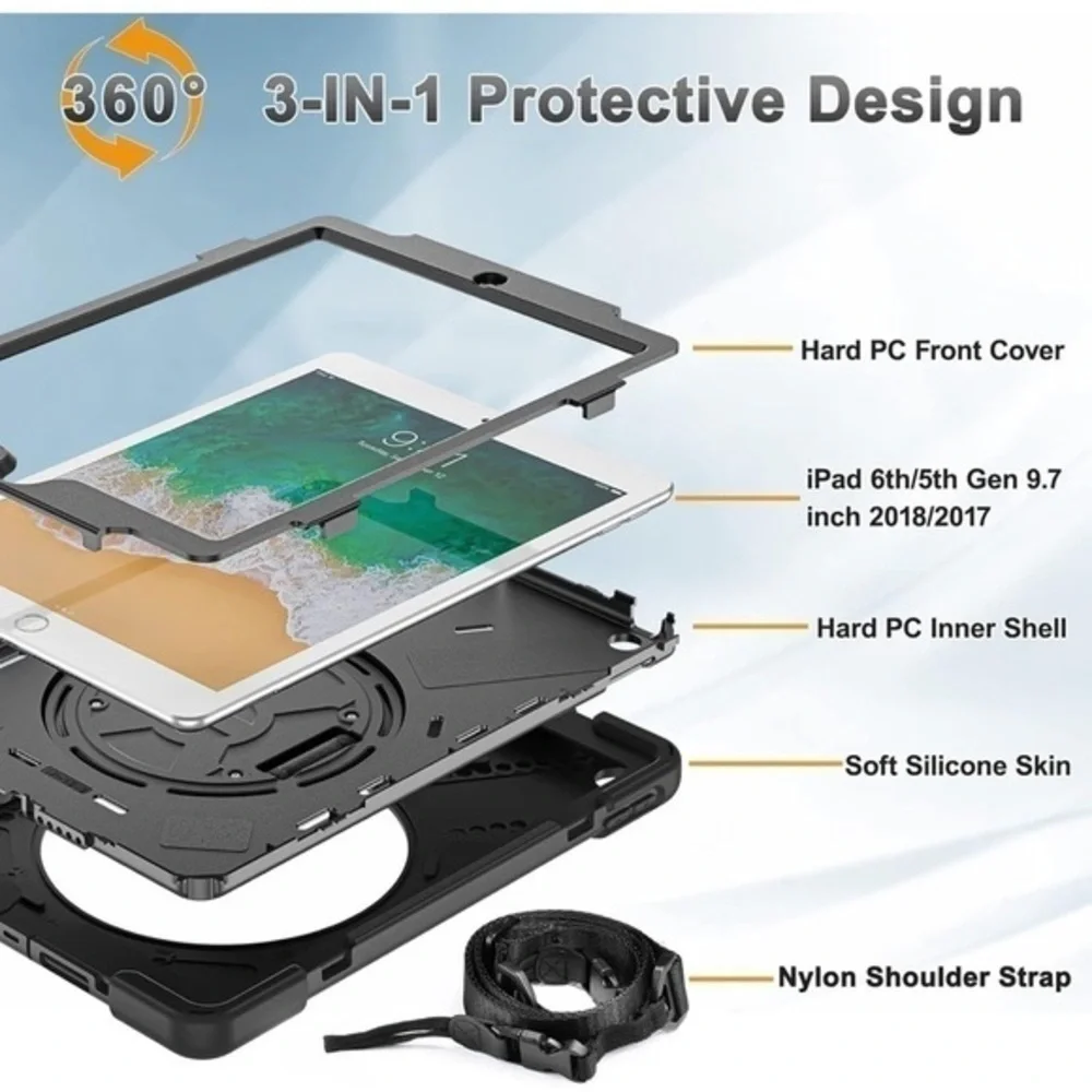Drop & Shock Proof Black Case For Apple Tablet With‎ Strap NEW